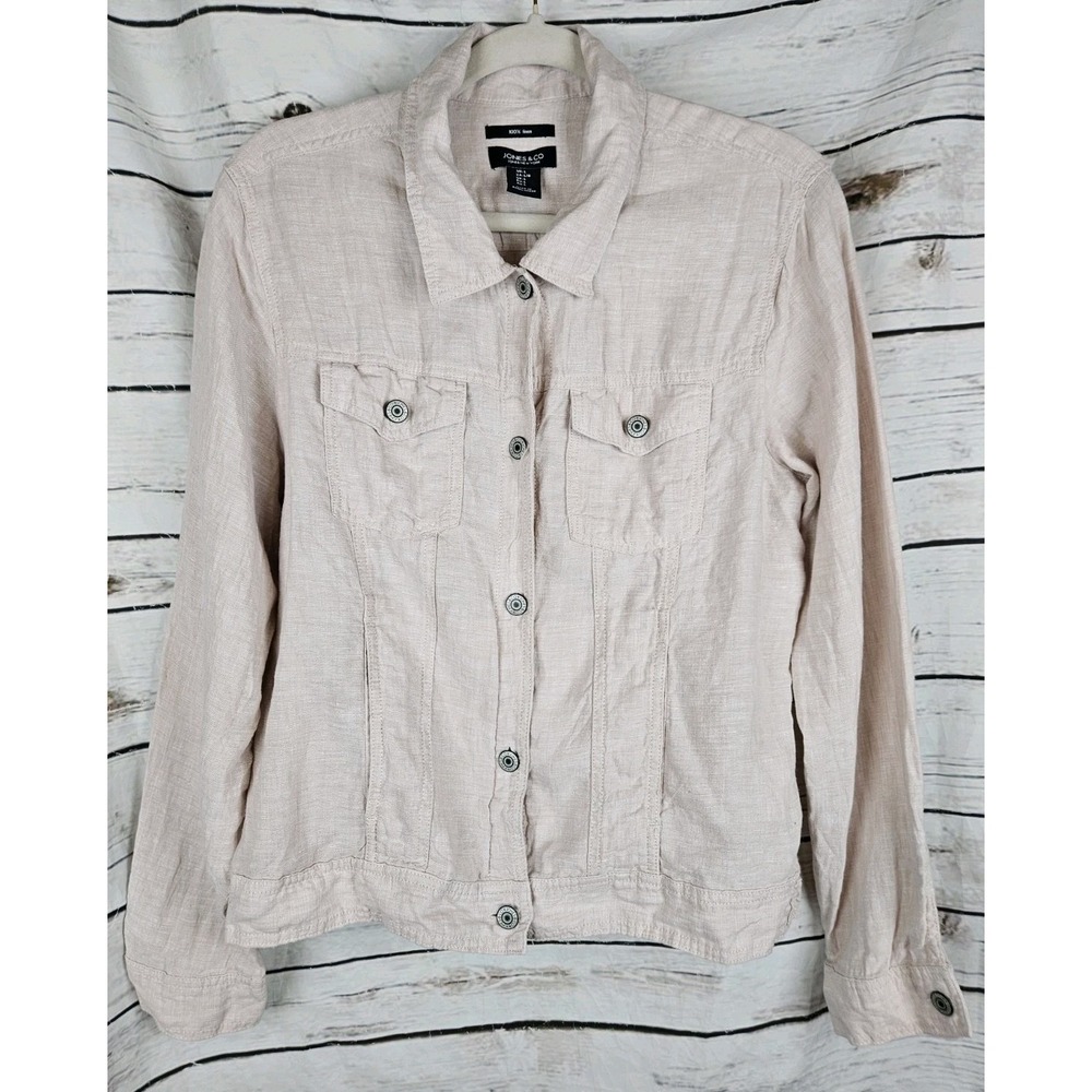 Jones New York 100% Linen Jacket L Womens Beige Trucker Coastal Boho Resort